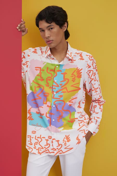 Shop Nautanky White Polyester Embroidery Bloom Abstract Face Print Shirt Online at Aza Fashions Shop_Nautanky_White Polyester Embroidery Bloom Abstract Face Print Shirt _Online_at_Aza_Fashions