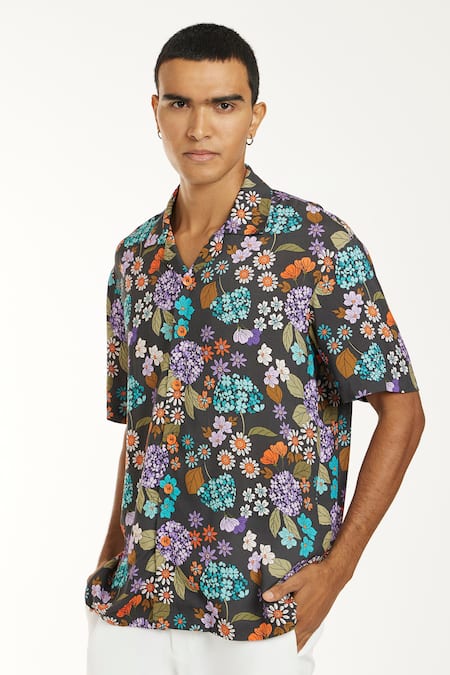 Shop Nautanky Grey Cotton Blossom Bliss Print Shirt Online at Aza Fashions Shop_Nautanky_Grey Cotton Blossom Bliss Print Shirt _Online_at_Aza_Fashions