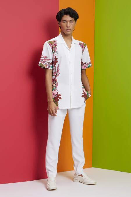 Nautanky_White Polyester Embroidery Bloom Placement Print Shirt _Online_at_Aza_Fashions