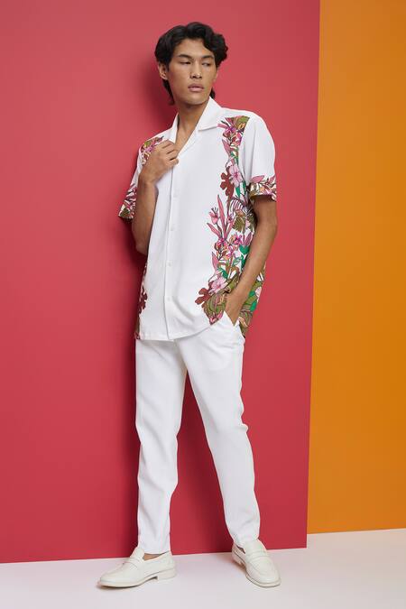 Nautanky_White Polyester Embroidery Bloom Placement Print Shirt _at_Aza_Fashions