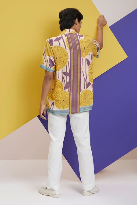 Shop Nautanky Beige Cotton Botanic Print Cuban Shirt at Aza Fashions Shop_Nautanky_Beige Cotton Botanic Print Cuban Shirt _at_Aza_Fashions