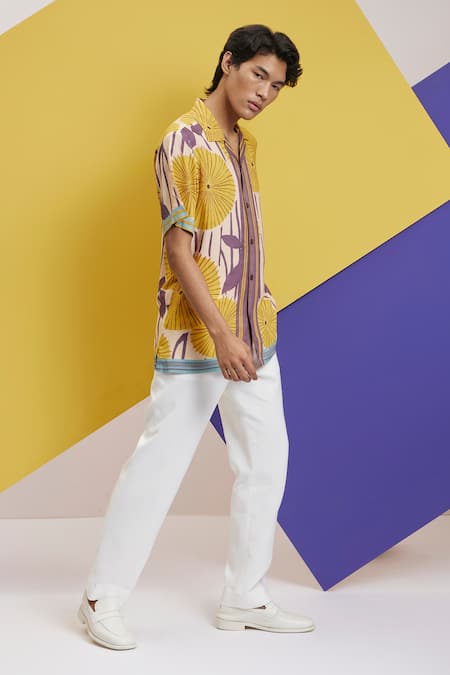 Nautanky Beige Cotton Botanic Print Cuban Shirt Online at Aza Fashions Nautanky_Beige Cotton Botanic Print Cuban Shirt _Online_at_Aza_Fashions