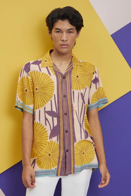 Buy Nautanky Beige Cotton Botanic Print Cuban Shirt Online at Aza Fashions Buy_Nautanky_Beige Cotton Botanic Print Cuban Shirt _Online_at_Aza_Fashions