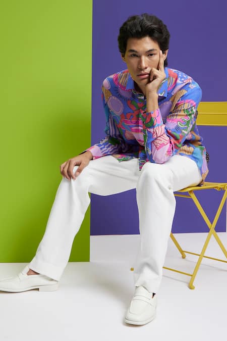 Nautanky Blue Cotton Embroidery Canvas Mermaid Print Shirt at Aza Fashions Nautanky_Blue Cotton Embroidery Canvas Mermaid Print Shirt _at_Aza_Fashions