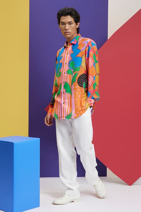 Nautanky_Orange Cotton Censored Bloom Print Shirt _Online_at_Aza_Fashions