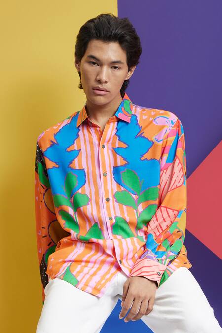 Shop_Nautanky_Orange Cotton Censored Bloom Print Shirt _Online_at_Aza_Fashions
