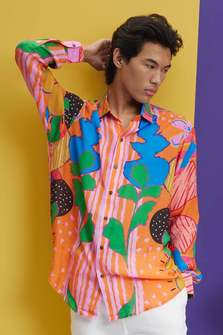 Nautanky_Orange Cotton Censored Bloom Print Shirt _at_Aza_Fashions