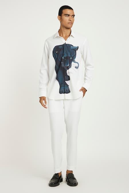 Nautanky_White Cotton Echoing Roar Printed Camo Shirt _Online_at_Aza_Fashions
