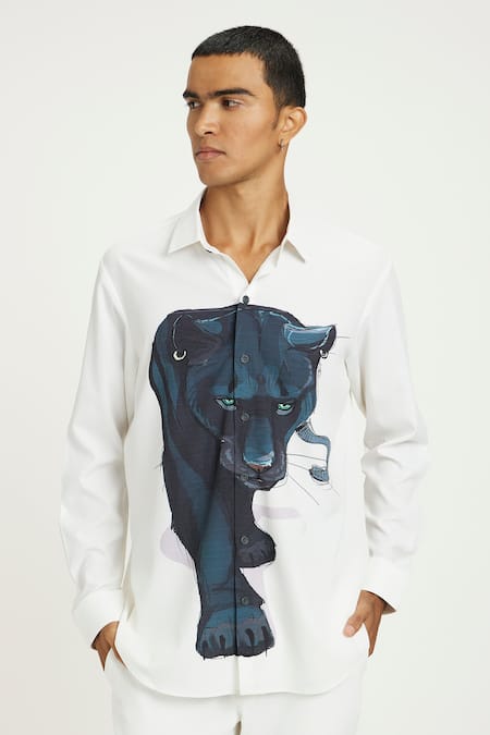 Shop_Nautanky_White Cotton Echoing Roar Printed Camo Shirt _Online_at_Aza_Fashions
