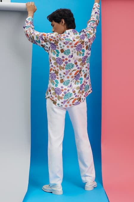 Shop_Nautanky_White Cotton Embroidery Fiesta Bunch Of Flowers Print Shirt _at_Aza_Fashions