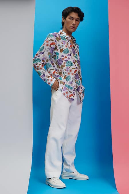 Buy_Nautanky_White Cotton Embroidery Fiesta Bunch Of Flowers Print Shirt _Online_at_Aza_Fashions