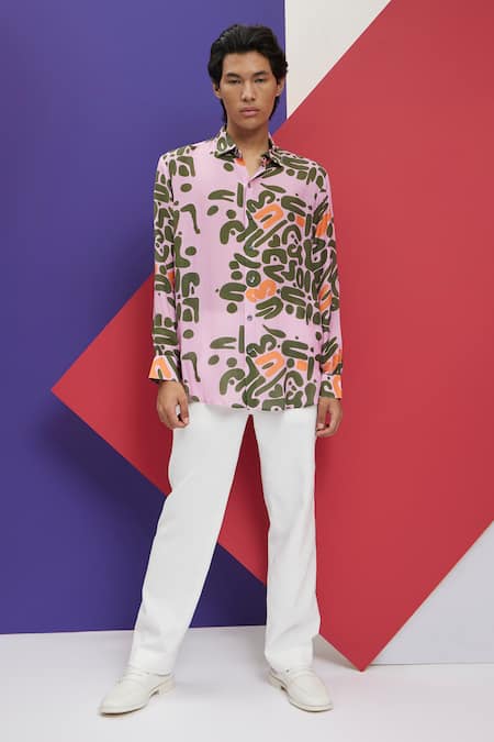 Shop Nautanky Pink Cotton Embroidery Fleur Love Print Shirt at Aza Fashions Shop_Nautanky_Pink Cotton Embroidery Fleur Love Print Shirt _at_Aza_Fashions