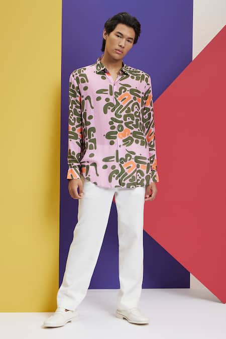 Nautanky Pink Cotton Embroidery Fleur Love Print Shirt Online at Aza Fashions Nautanky_Pink Cotton Embroidery Fleur Love Print Shirt _Online_at_Aza_Fashions