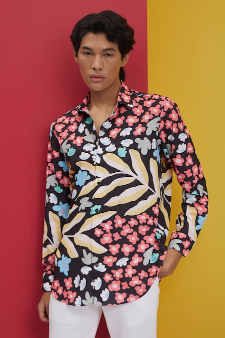 Nautanky Grey Polyester Embroidery Floral Frenzy Print Shirt at Aza Fashions Nautanky_Grey Polyester Embroidery Floral Frenzy Print Shirt _at_Aza_Fashions