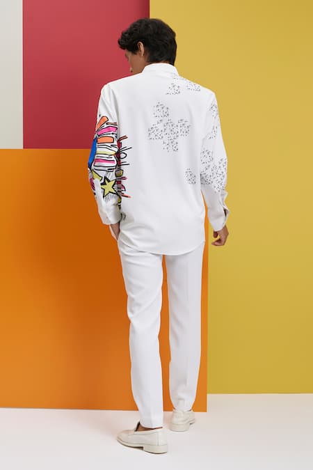 Shop_Nautanky_White Polyester Embroidery Gardenia Placement Doodle Print Shirt _at_Aza_Fashions