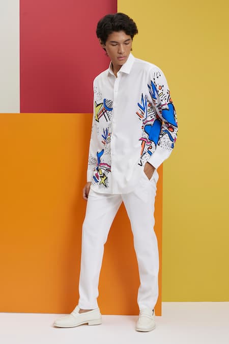 Nautanky_White Polyester Embroidery Gardenia Placement Doodle Print Shirt _Online_at_Aza_Fashions