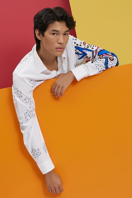 Shop_Nautanky_White Polyester Embroidery Gardenia Placement Doodle Print Shirt 