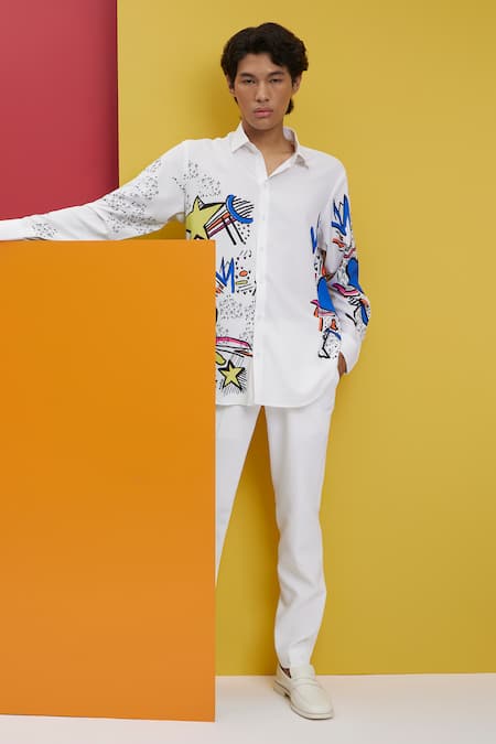 Buy_Nautanky_White Polyester Embroidery Gardenia Placement Doodle Print Shirt _Online_at_Aza_Fashions