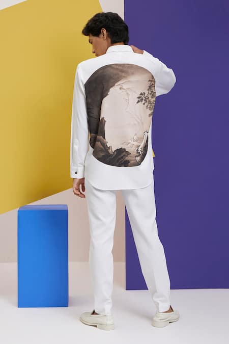 Shop Nautanky White Polyester Embroidery Growlin Tiger Print Shirt at Aza Fashions Shop_Nautanky_White Polyester Embroidery Growlin Tiger Print Shirt _at_Aza_Fashions