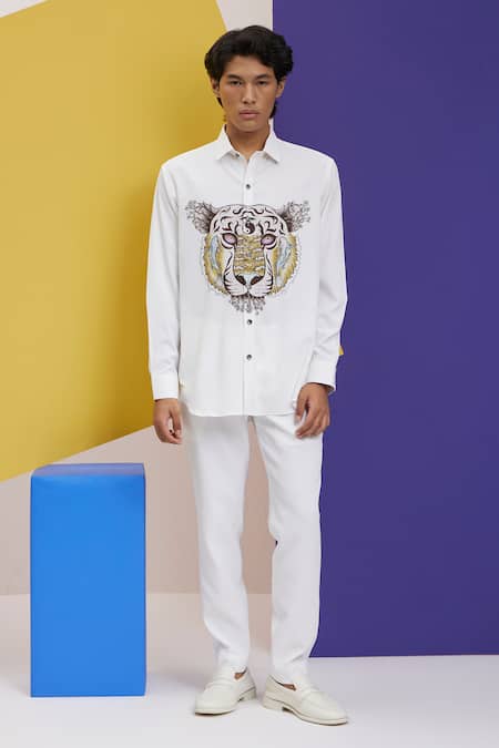 Nautanky White Polyester Embroidery Growlin Tiger Print Shirt Online at Aza Fashions Nautanky_White Polyester Embroidery Growlin Tiger Print Shirt _Online_at_Aza_Fashions