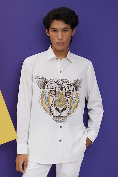 Buy Nautanky White Polyester Embroidery Growlin Tiger Print Shirt Online at Aza Fashions Buy_Nautanky_White Polyester Embroidery Growlin Tiger Print Shirt _Online_at_Aza_Fashions