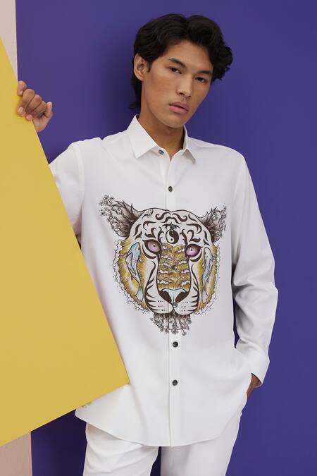 Shop Nautanky White Polyester Embroidery Growlin Tiger Print Shirt Online at Aza Fashions Shop_Nautanky_White Polyester Embroidery Growlin Tiger Print Shirt _Online_at_Aza_Fashions