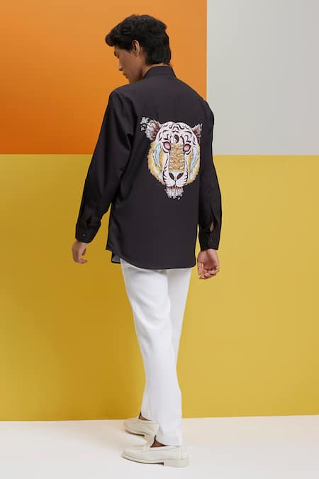 Shop_Nautanky_Black Polyester Embroidery Hear Me Roar Printed Shirt _at_Aza_Fashions