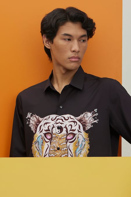 Nautanky_Black Polyester Embroidery Hear Me Roar Printed Shirt _Online_at_Aza_Fashions
