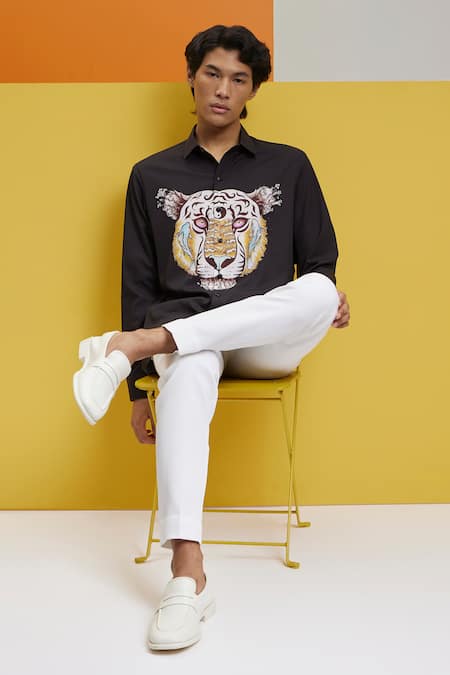 Shop_Nautanky_Black Polyester Embroidery Hear Me Roar Printed Shirt _Online_at_Aza_Fashions