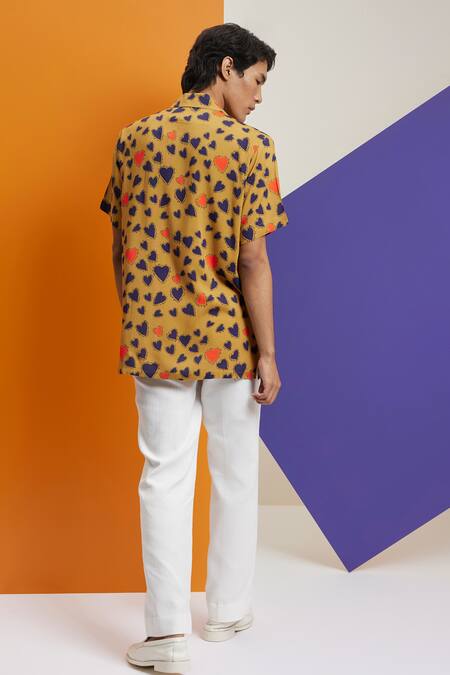 Shop_Nautanky_Yellow Cotton Intrigue Hearts Print Cuban Shirt _at_Aza_Fashions