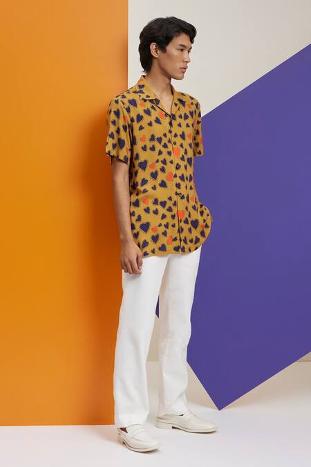 Nautanky_Yellow Cotton Intrigue Hearts Print Cuban Shirt _Online_at_Aza_Fashions