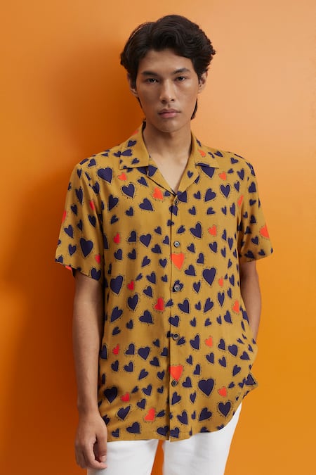 Buy_Nautanky_Yellow Cotton Intrigue Hearts Print Cuban Shirt _Online_at_Aza_Fashions