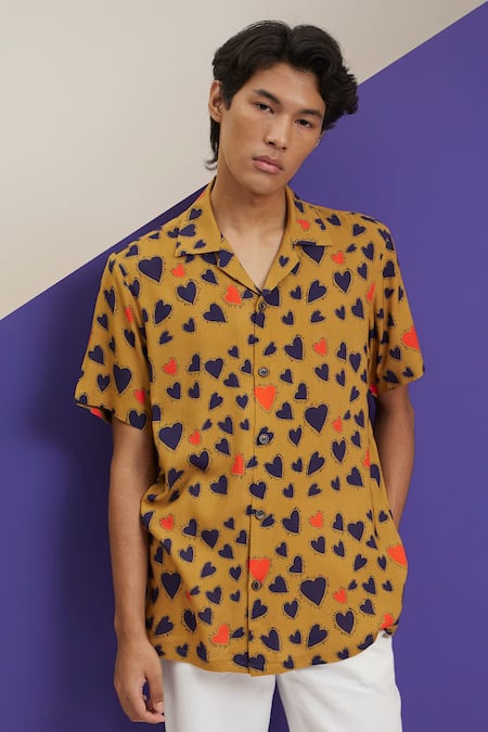Shop_Nautanky_Yellow Cotton Intrigue Hearts Print Cuban Shirt _Online_at_Aza_Fashions