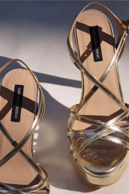 Buy_Shradha Hedau Footwear Couture_Gold Victoria Strap Detail Heels _Online_at_Aza_Fashions