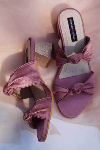 Shop Shradha Hedau Footwear Couture Pink Bows Anastasia Tie-up Detail Heels at Aza Fashions Shop_Shradha Hedau Footwear Couture_Pink Bows Anastasia Tie-up Detail Heels _at_Aza_Fashions