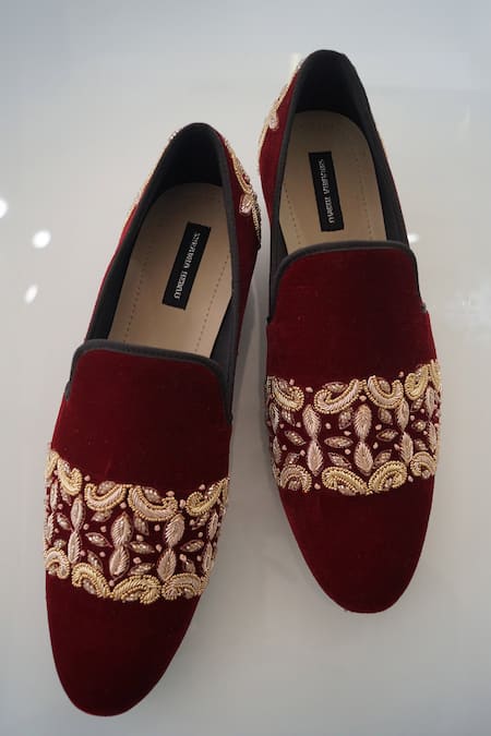 Shop_Shradha Hedau Footwear Couture_Maroon Embroidery Gabriel Loafers _at_Aza_Fashions