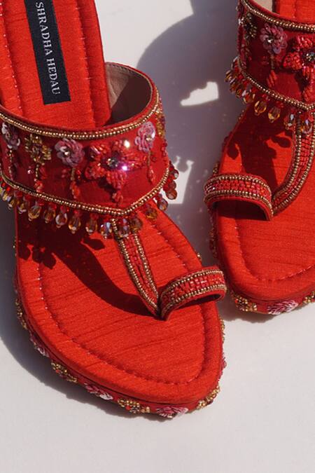 Buy_Shradha Hedau Footwear Couture_Red Ruby Floral Embroidered Wedges _Online_at_Aza_Fashions