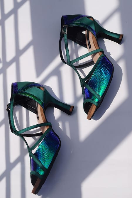 Shop Shradha Hedau Footwear Couture Blue Cut Work Green Criss Cross Strap Heels at Aza Fashions Shop_Shradha Hedau Footwear Couture_Blue Cut Work Green Criss Cross Strap Heels _at_Aza_Fashions