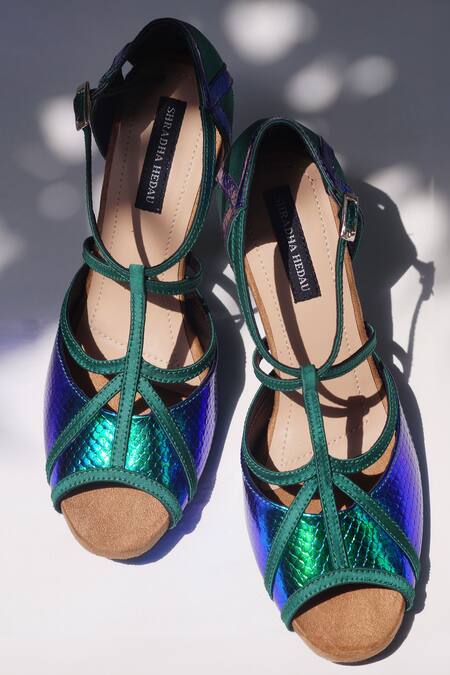 Shradha Hedau Footwear Couture Blue Cut Work Green Criss Cross Strap Heels Online at Aza Fashions Shradha Hedau Footwear Couture_Blue Cut Work Green Criss Cross Strap Heels _Online_at_Aza_Fashions