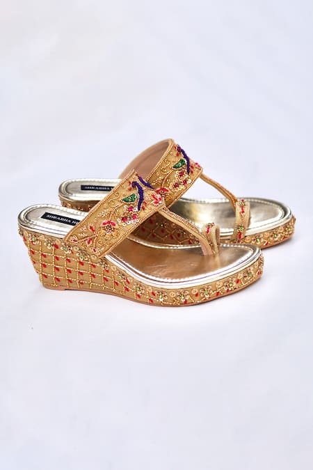 Shop Shradha Hedau Footwear Couture Gold Cut Work, Sequins, Beads Tania Embroidered Wedges at Aza Fashions Shop_Shradha Hedau Footwear Couture_Gold Cut Work, Sequins, Beads Tania Embroidered Wedges _at_Aza_Fashions