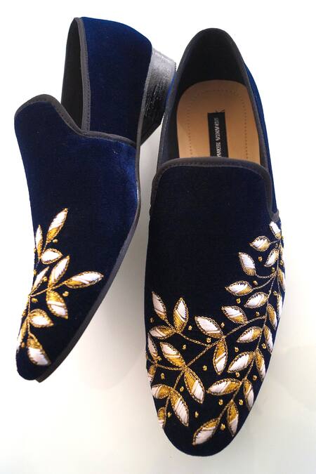 Shradha Hedau Footwear Couture Embroidered Blue Velvet Loafers 