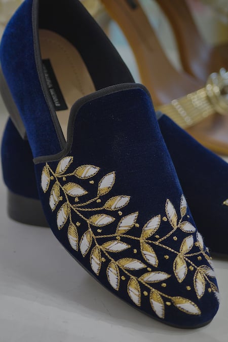 Buy Shradha Hedau Footwear Couture Blue Embroidered Velvet Loafers Online at Aza Fashions Buy_Shradha Hedau Footwear Couture_Blue Embroidered Velvet Loafers _Online_at_Aza_Fashions