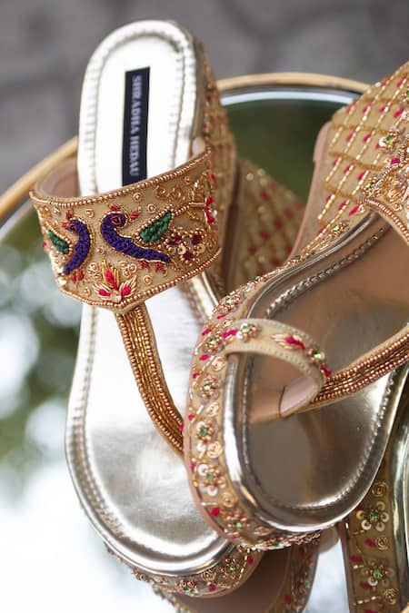 Shradha Hedau Footwear Couture Gold Cut Work, Sequins, Beads Tania Embroidered Wedges Online at Aza Fashions Shradha Hedau Footwear Couture_Gold Cut Work, Sequins, Beads Tania Embroidered Wedges _Online_at_Aza_Fashions