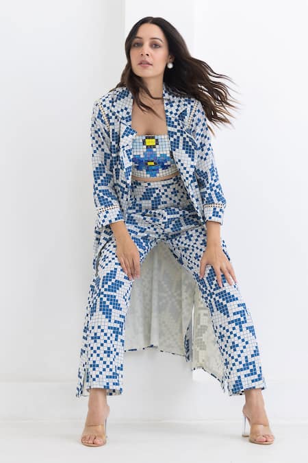 Buy Pooja Rajgarhia Gupta Off White Crepe Embroidery Square Neck, Checkered Print Jacket And Pant Set Online at Aza Fashions Buy_Pooja Rajgarhia Gupta_Off White Crepe Embroidery Square Neck, Checkered Print Jacket And Pant Set _Online_at_Aza_Fashions