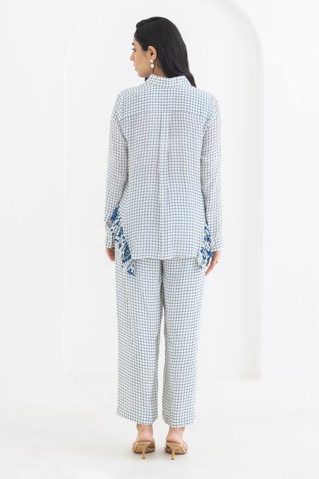 Shop Pooja Rajgarhia Gupta Off White Crepe Embroidery Shawl Neck Checkered Print Shirt And Trouser Set at Aza Fashions Shop_Pooja Rajgarhia Gupta_Off White Crepe Embroidery Shawl Neck Checkered Print Shirt And Trouser Set _at_Aza_Fashions