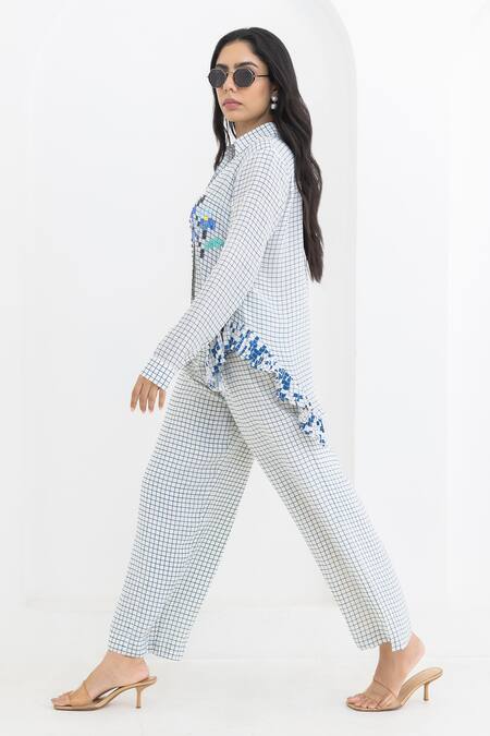 Shop Pooja Rajgarhia Gupta Off White Crepe Embroidery Shawl Neck Checkered Print Shirt And Trouser Set Online at Aza Fashions Shop_Pooja Rajgarhia Gupta_Off White Crepe Embroidery Shawl Neck Checkered Print Shirt And Trouser Set _Online_at_Aza_Fashions
