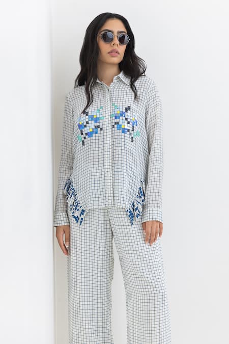 Pooja Rajgarhia Gupta Off White Crepe Embroidery Shawl Neck Checkered Print Shirt And Trouser Set at Aza Fashions Pooja Rajgarhia Gupta_Off White Crepe Embroidery Shawl Neck Checkered Print Shirt And Trouser Set _at_Aza_Fashions