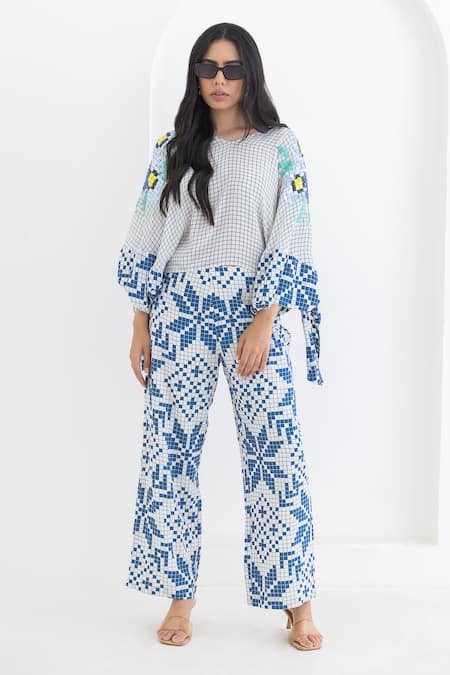 Pooja Rajgarhia Gupta Off White Crepe Printed Checkered Round Top And Trouser Set