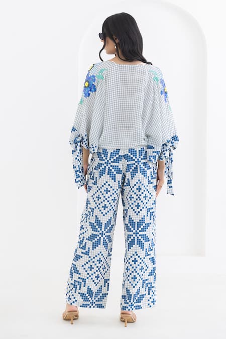 Shop Pooja Rajgarhia Gupta Off White Crepe Embroidery Round Neck Checkered Print Top And Trouser Set at Aza Fashions Shop_Pooja Rajgarhia Gupta_Off White Crepe Embroidery Round Neck Checkered Print Top And Trouser Set _at_Aza_Fashions