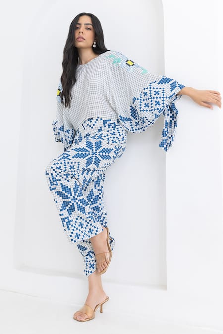 Buy Pooja Rajgarhia Gupta Off White Crepe Embroidery Round Neck Checkered Print Top And Trouser Set Online at Aza Fashions Buy_Pooja Rajgarhia Gupta_Off White Crepe Embroidery Round Neck Checkered Print Top And Trouser Set _Online_at_Aza_Fashions